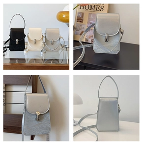 Collage of chic wrinkled PU leather mini crossbody bags in black, beige, and silver colors
