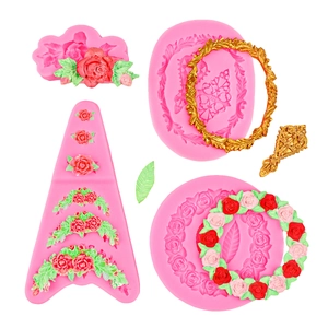 4-teiliges Set Silikonformen für Fondant mit Rosen- und Vintage-Reliefmustern in Pink