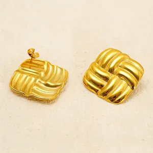 Square 18K gold plated stainless steel stud earrings with textured quilted metal finish