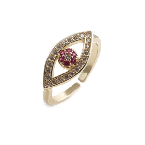 Adjustable golden Evil Eye ring featuring a red center stone and white zircon accents