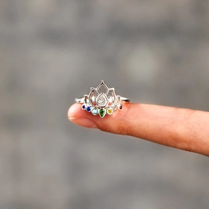 S925 sterling silver lotus ring with colorful rainbow gemstones and water drop zircon