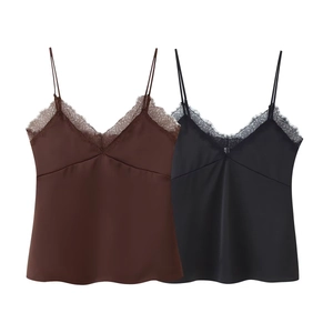 Women Satin Camisole Lace Trim V-Neck Spaghetti Strap Sleeveless Satin Texture Inner Wear Sexy Solid Fashion Tank Top