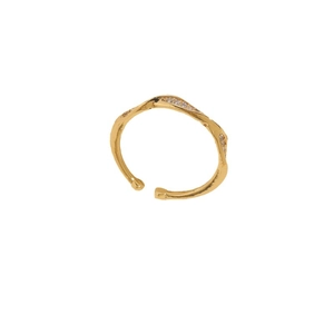 Adjustable golden open ring featuring irregular lava texture and sparkly zircon accents