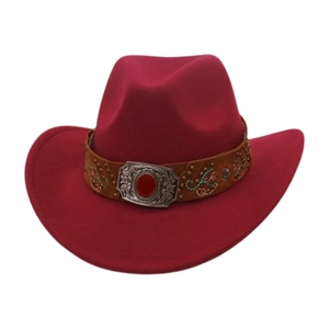 Fashionable deep rose red wide brim western cowboy felt hat with ethnic style buckle band