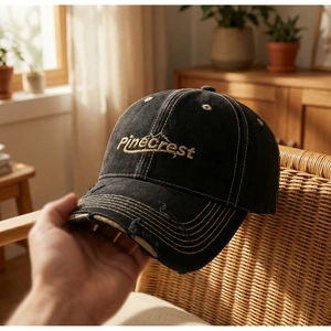 Detailansicht der Pinecrest Stickerei und des Used-Look-Schirms an der Baseballkappe
