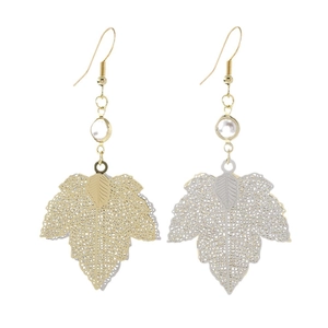 Elegant gold and silver hollow maple leaf drop earrings with pearl bead accent detail