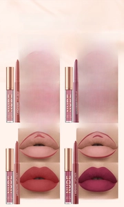 Detail of matte liquid lipstick and lip liner set showing four swatches on lips