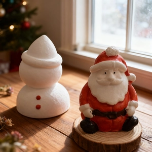 Detail of handcrafted snowman and Santa figurines on wood table with festive background