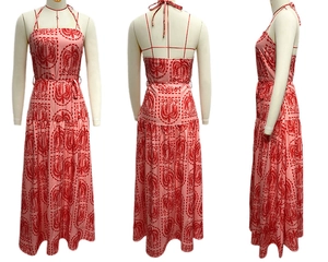 Detailed views of pink maxi dress with red palm prints and halter backless design