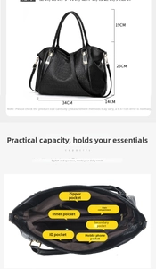 Detailed size specifications and interior multi-pocket layout of black crocodile tote bag