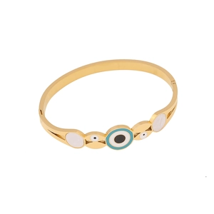 Golden stainless steel cuff bracelet with blue evil eye and white enamel inlay