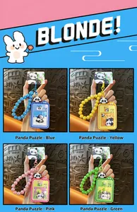 Panda puzzle card holder keychains displayed in blue, yellow, pink, and green colors.