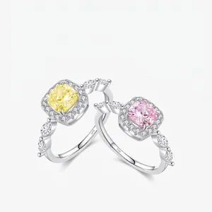 925 Sterling Silver Ring Cushion Cut Pink Yellow Crystal Cubic Zirconia Halo Marquise Design Jewelry For Women
