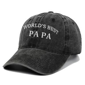 Distressed dark grey washed cotton baseball cap with World's Best Papa white embroidery