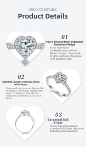 Macro detail of a 925 sterling silver ring with halo heart-shaped moissanite center stone