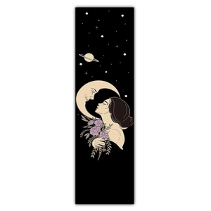 Detailed retro illustration showing female silhouette with moon and stars on a wall scroll