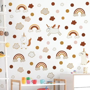 Boho rainbow unicorn wall stickers in warm Morandi tones for nursery decor