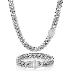 Polished silver cuban chain jewelry set with sparkling zircon inlaid spring buckle