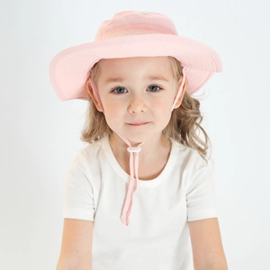 Pink kids sun hat with breathable mesh top and adjustable chin strap for sun protection
