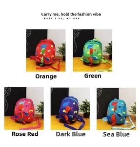 Detailed grid of cartoon dinosaur backpacks in orange, green, pink, and blue colors