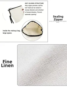 Detail view of the linen cosmetic bag featuring an anti-slip alloy zipper and wide space