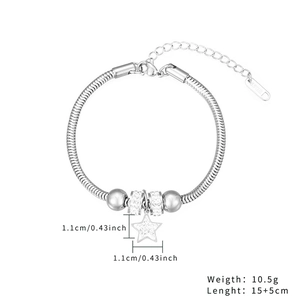 Silver steel snake chain bracelet with star pendant, 15+5cm length and 10.5g weight