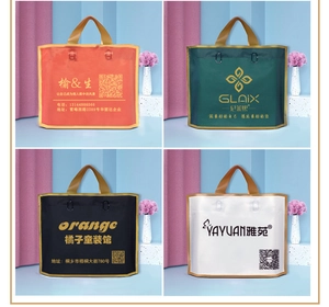 Detailed view of frosted plastic shopping bags with gold edges and custom logo printing