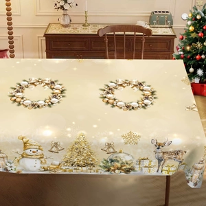 Detailed Christmas tablecloth featuring golden snowman and reindeer festive patterns