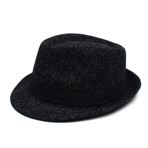 Classic black and white textured jazz fedora hat with a sleek black satin ribbon band