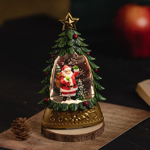 Christmas tree snow globe with Santa Claus, golden base and glowing LED light effect