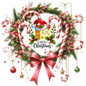 Sticker mural couronne de Noël avec fromage cartoon, nœud rouge et éléments festifs