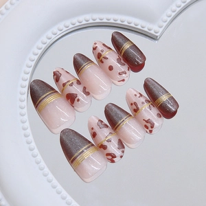 Brown cat eye press-on nails with gold lines and leopard pattern on heart tray