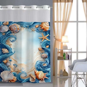 Waterproof beach ocean themed shower curtain with starfish and seashells pattern and rings