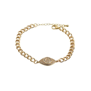 Adjustable golden evil eye chain bracelet with sparkling zircon stones on white background