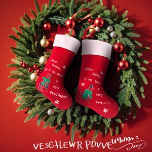 Detail of red plush Christmas stockings with pet themed cat and dog patterns on wreath