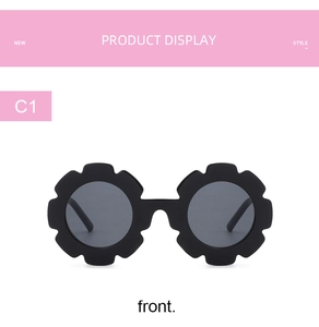 Front view of cute sunflower-shaped children's sunglasses with stylish black floral frames