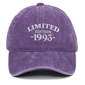 Dettaglio del ricamo bianco Limited Edition 1993 su cappello in cotone lavato viola