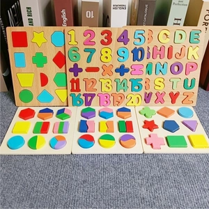Wooden Montessori puzzle set with colorful letters, numbers and geometric shapes