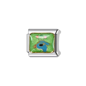 Italian modular charm in stainless steel featuring green enamel peacock design for DIY bracelet