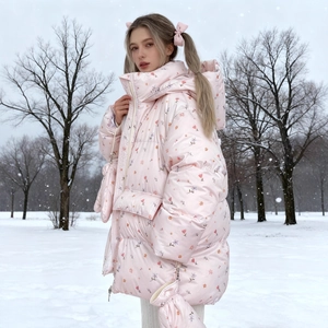 Women Winter Puffer Jacket Hooded Floral Print Long Sleeve Oversized Warm Cotton Padded Coat Outerwear Zip Up Fashion