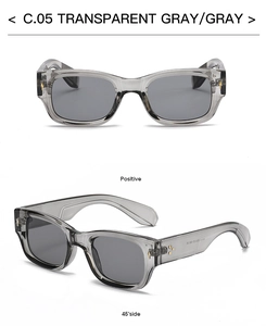 Detailed views of transparent gray rectangle sunglasses with silver arrow rivet details