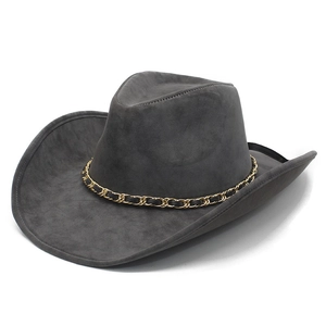 Western Cowboy Hat PU Leather Wide Brim Metal Chain Belt Retro Ethnic Style For Outdoor Travel Sun Protection