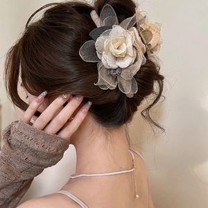 Big Mesh Rose Flower Hair Claw Clip Elegant Organza Fabric Shark Clip French Retro Hair Accessories For Women Girls