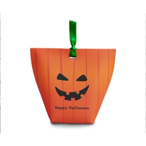 Orange Halloween pumpkin gift box with green ribbon and Happy Halloween print