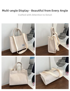 Detail view of cream corduroy tote bag showing front, side and back angles