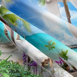 Detail of tropical beach tapestry showing high-quality fabric texture and palm tree print