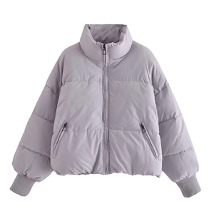 Detail of light purple stand collar quilted jacket featuring side zipper pockets