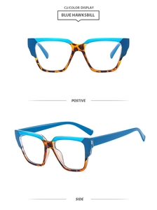 Detail view of square TR90 blue hawksbill eyeglass frame in positive and side angles
