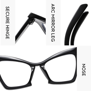 Detailed close-up of secure hinges and ergonomic nose pads on cat eye glasses frames