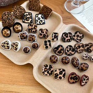 Leopard Print Flocked Stud Earrings Alloy Geometric Heart Square With Silver Earring Post Retro Autumn Winter For Women